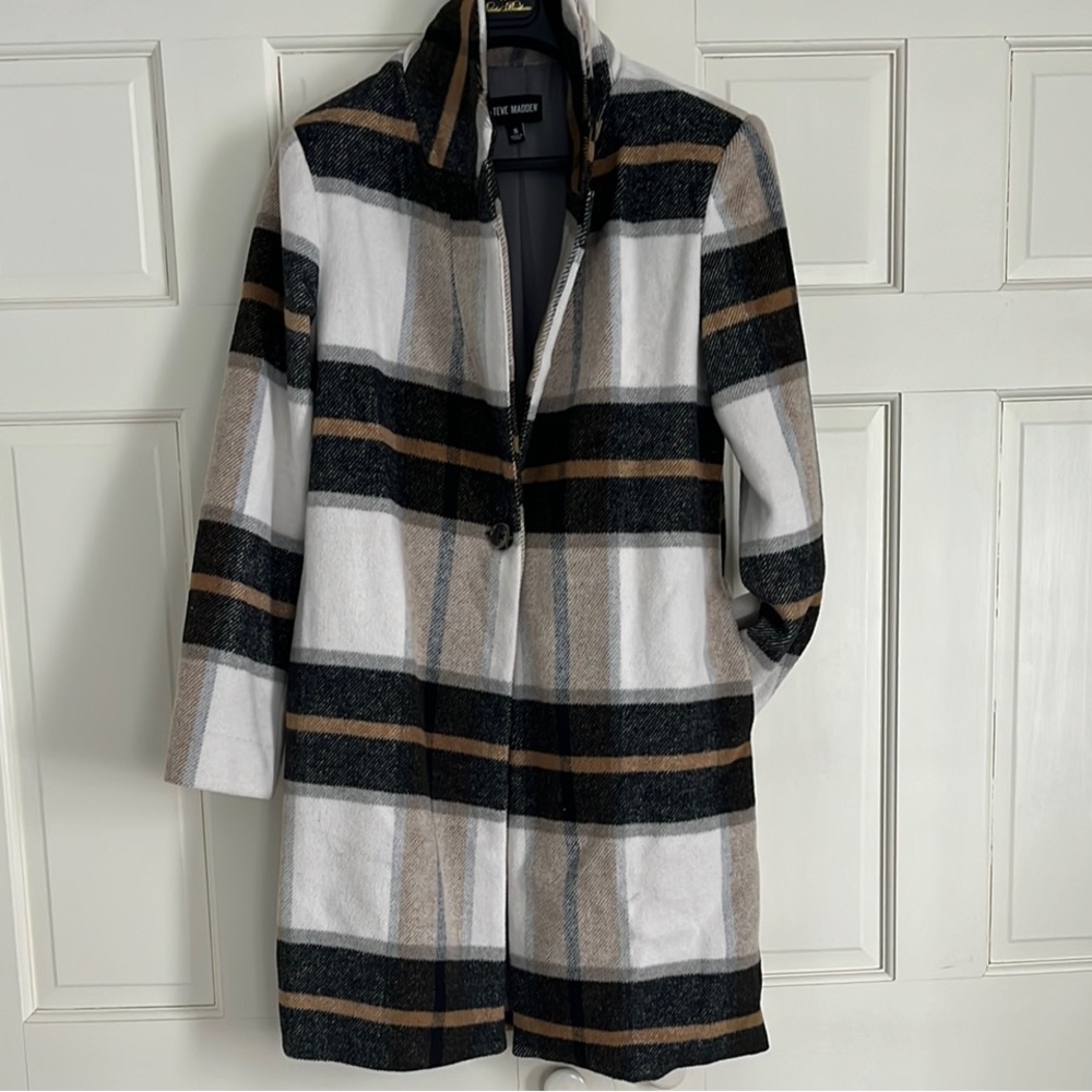 Steve Madden Black, White, and Tan Plaid Flannel Trench Coat